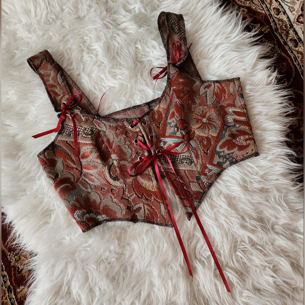 Woven Floral Lace-Up Crop Top in Rust